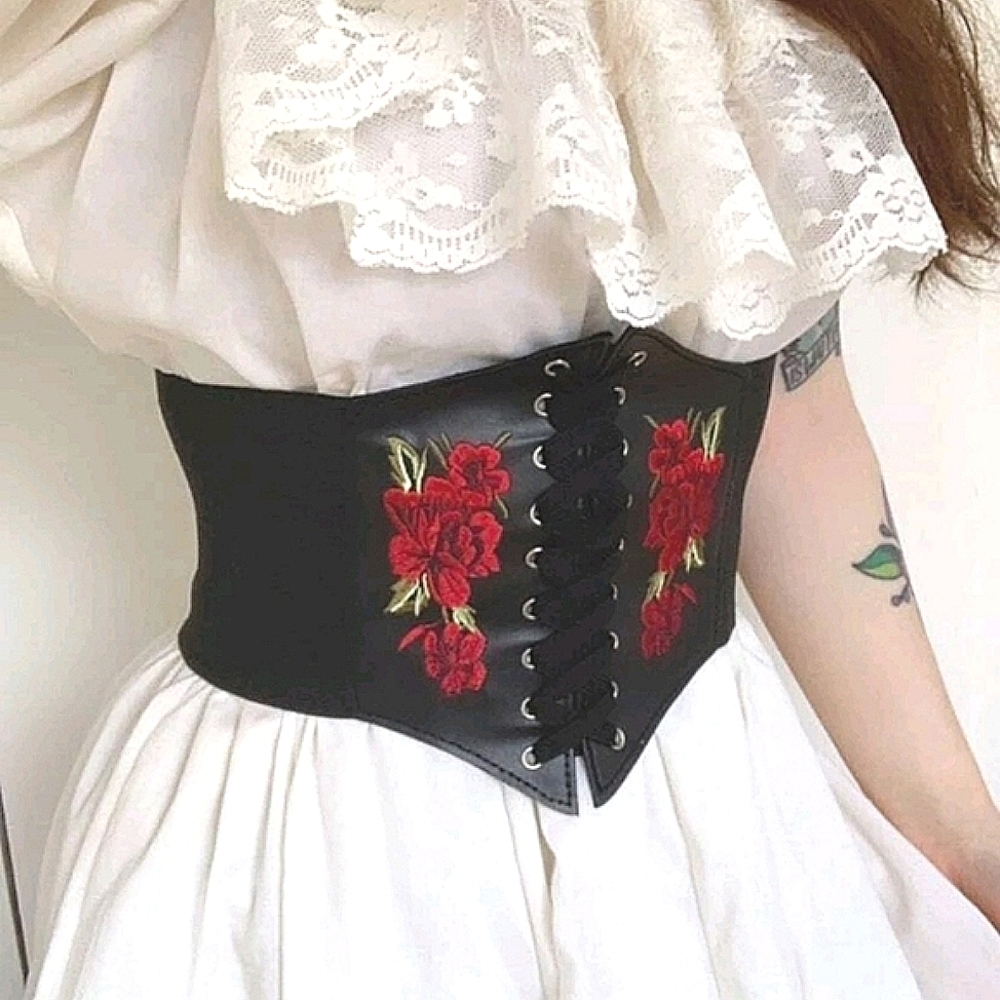 Black corset floral rose embroidered boho faux leather waist western dress belt - Picture 3 of 14